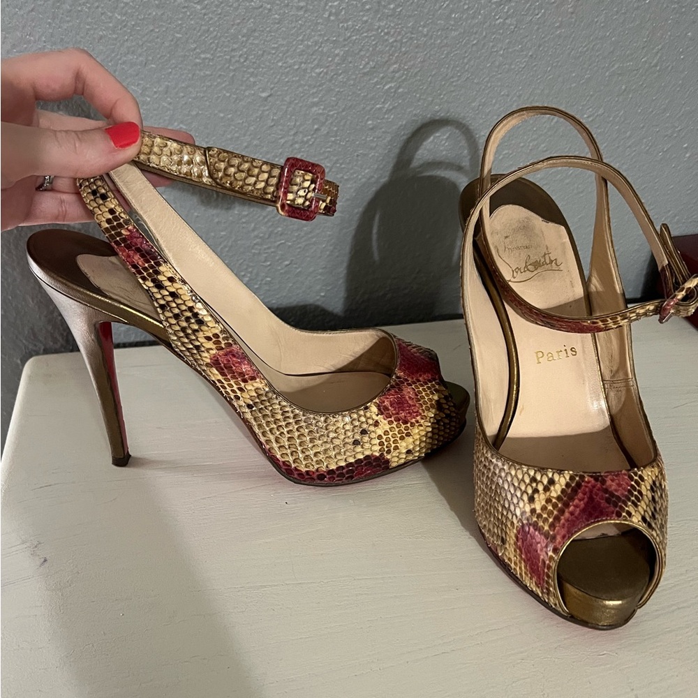Christian Louboutin Pink python ankle wrap heels